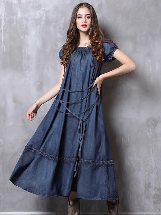 Simple Strap Loose Denim Midi Dresses