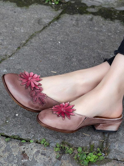 Genuine Leather Flower Decorated Round Toe Mules&Slides