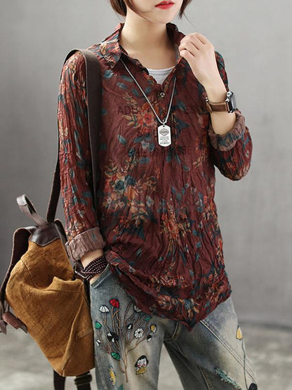 High-low Vintage Loose Printed Blouse Top