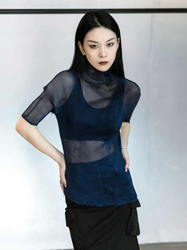 Original Solid Color High-Neck Long Sleeve See-Through T-Shirts Tops
