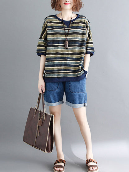 Casual Contrast Color Striped Short Sleeves T-Shirt Top