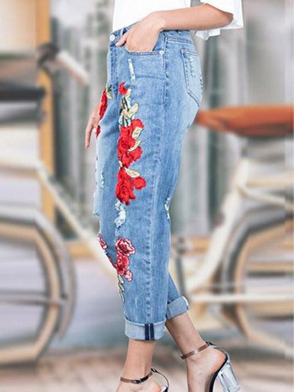 Pretty Embroidered Jean Pants Bottoms