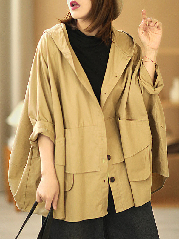 Urban Buttoned Solid Color Hooded Batwing Sleeve Loose Outerwear