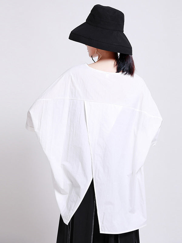 Casual Split-Back Split-Joint With Pocket Solid Color Round-Neck Half Sleeves T-Shirt