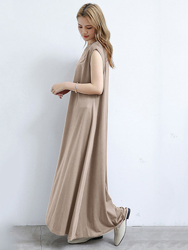Simple Solid Color Oversized A-Line Round-Neck Cap Sleeves Maxi Dress