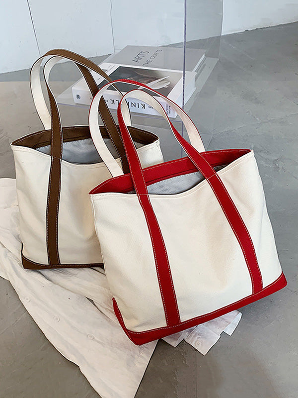 Simple Split-Joint Canvas Shoulder Bag Tote Bag