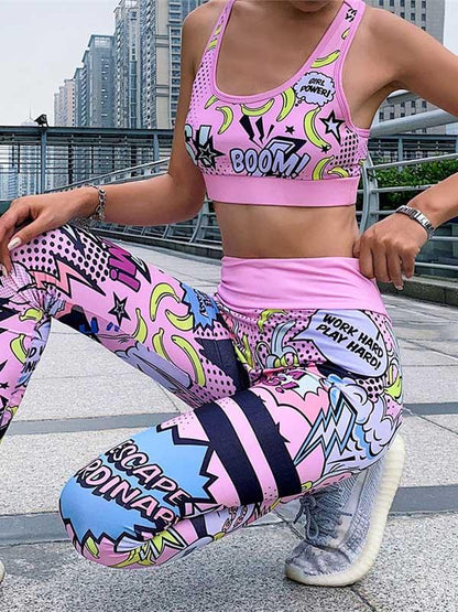 Racerback Cartoon Print Tanks And Leggings Sport Suits