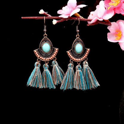 Buykud Bohemian Style Casual Turquoise Tassel Earrings
