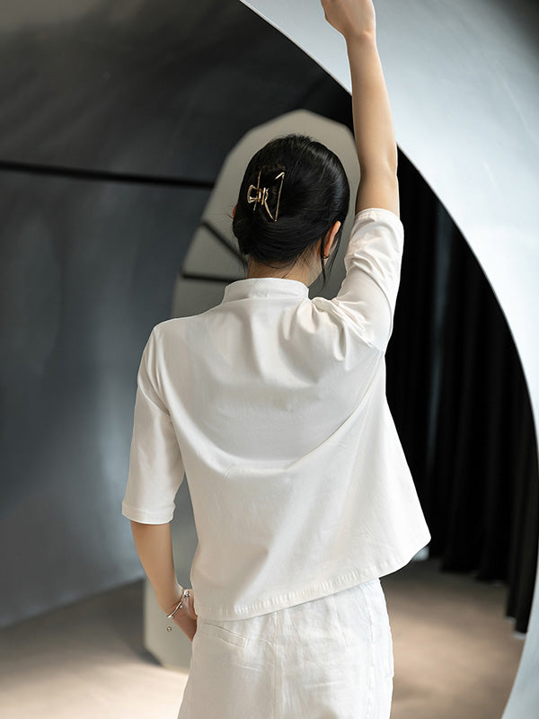 Simple White Stand Collar Half Sleeve Asymmetric T-Shirt