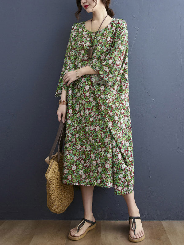 Vintage Loose Floral Printed Round-Neck Batwing Sleeves Midi Dress