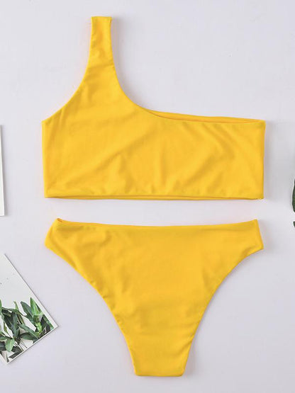 Sexy Single Shoulder Solid Color Split Bikini Swimsuit
