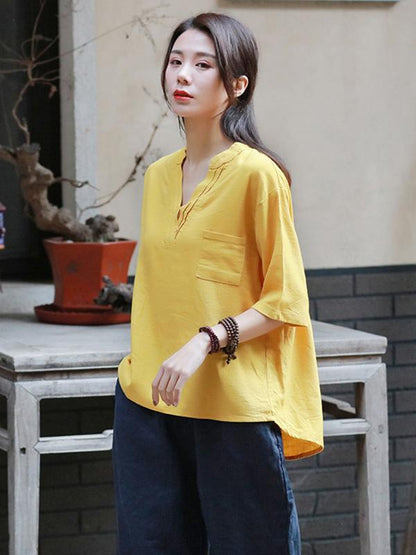 Retro Cotton V-neck T-shirt