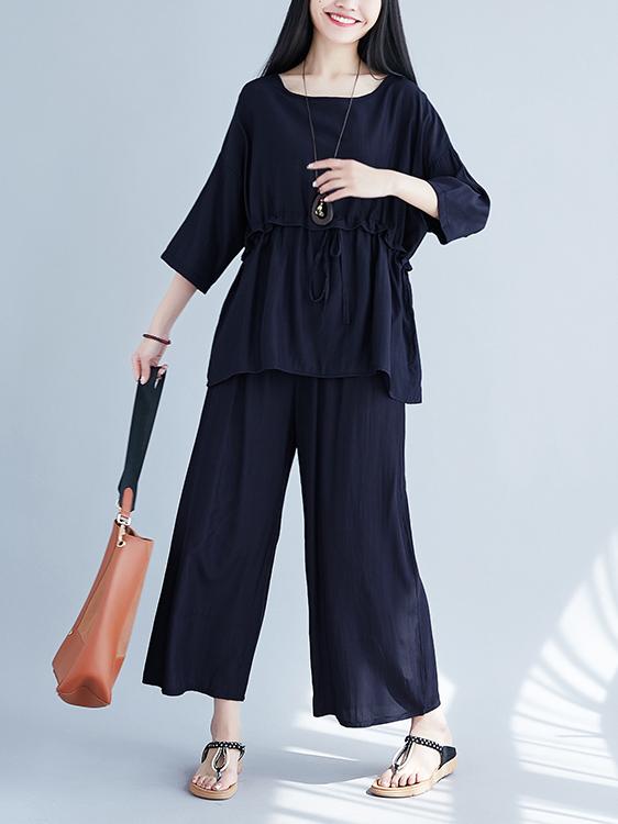 Plus Size Loose Solid Wide-leg Two-piece Suits