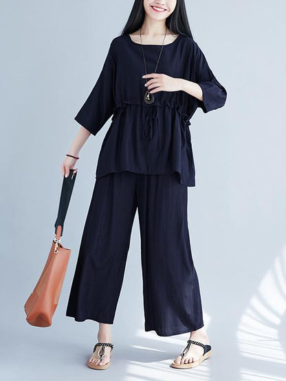 Plus Size Loose Solid Wide-leg Two-piece Suits