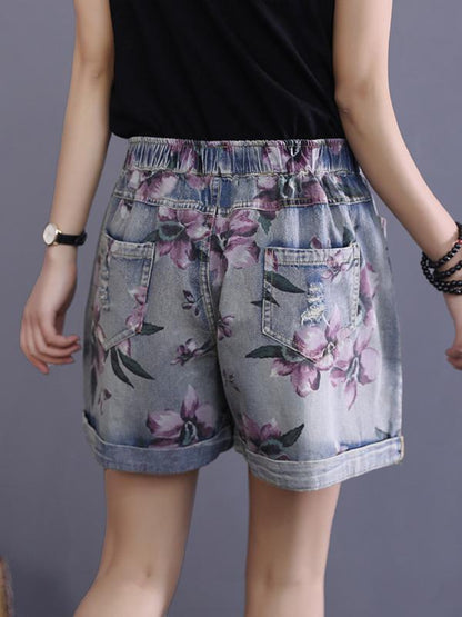 Vintage Loose Printed Elastic Waist Jeans Shorts
