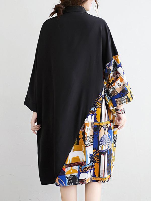 Original Cartoon Printed Round-Neck Shirt Dress