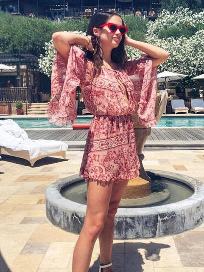 Printed Chiffon Flare Sleeves Jumpsuits