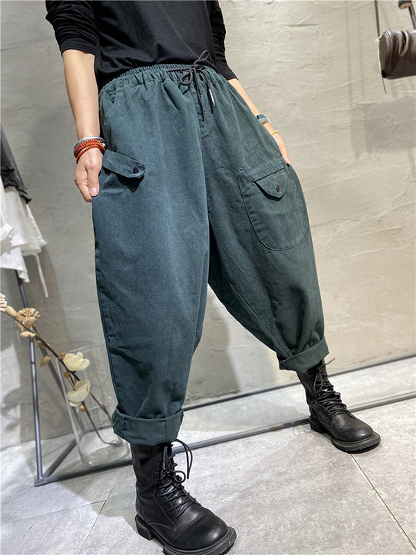 Casual Solid Color With Pockets Drawstring Harem Pants