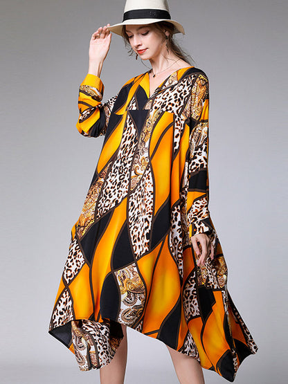 Casual Loose Split-Joint Contrast Color Leopard Floral Printed Lapel Collar Long Sleeves Midi Dress