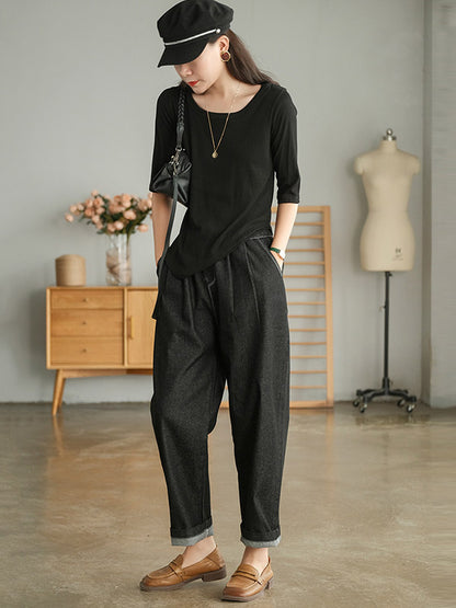 Simple Asymmetric Irregular Clipping Round-Neck Short Sleeves T-Shirt