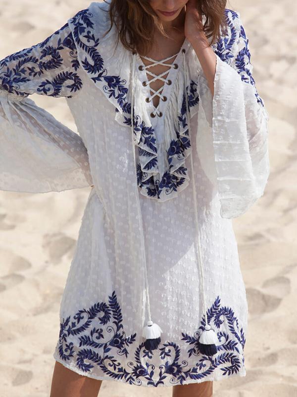 Raised Band Embroidered Flared Mini Dress