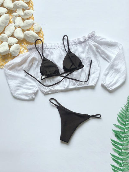 Solid Color Long Sleeves Three Piece Bikini Swimsuit