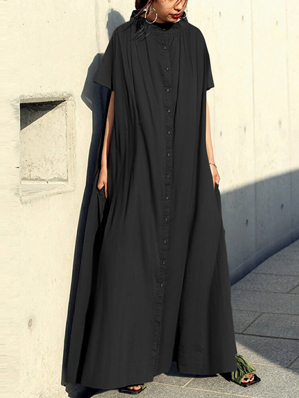 Urban Solid Color Split-Joint Pleated Short Sleeves Stand Collar Maxi Dress