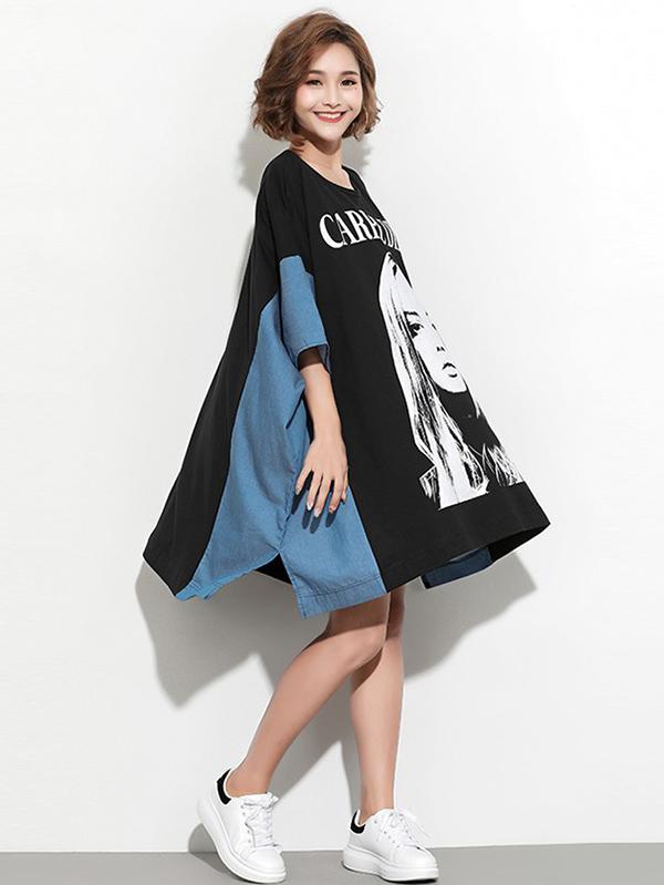 New Loose  Printed Split-joint Cartoon  T-Shirt Dress
