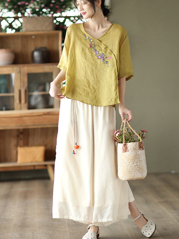 Vintage Artistic Retro Ramie Cotton Embroidered T-Shirt Top