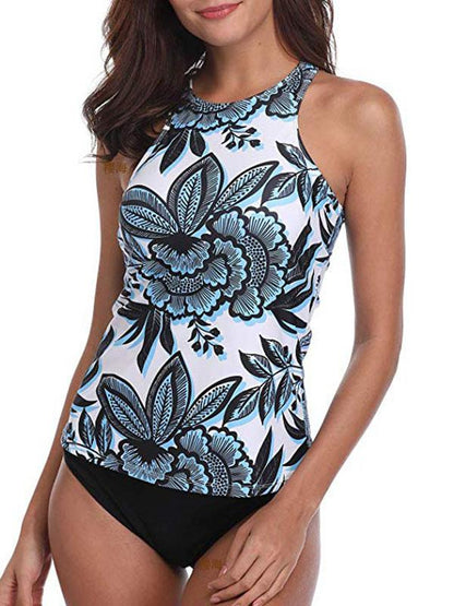 Printed Top With Plain Panty Tankini Swimsuit