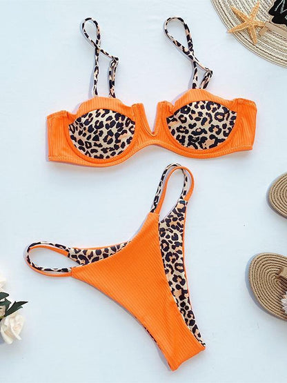 Spaghetti-Neck Color Matching Bikini Swimsui