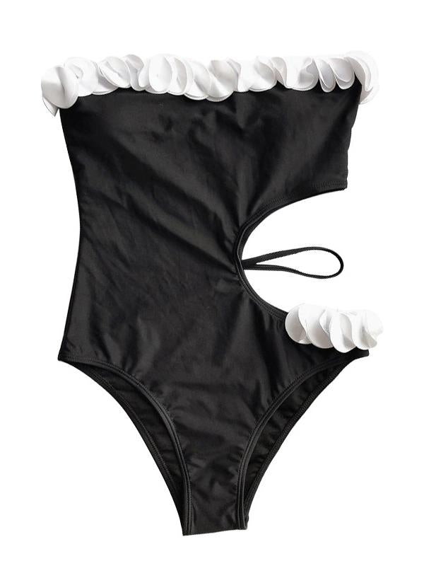 Lace Asymmetric Bandeau One-Piece Swimwear