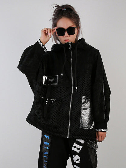 Cool Loose Long Sleeves Letter Print Keep Warm Zipper Hooded Outerwear