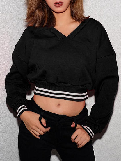 V-Neck Striped Crop Sweatershirts