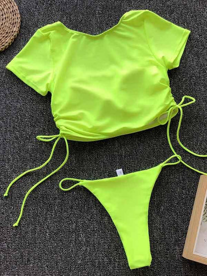 Lace Up Bandeau Short Sleeve Bikini Swimsuit