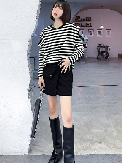 Original Stylish Striped Hollow Cold Shoulder Long Sleeves T-Shirt Tops