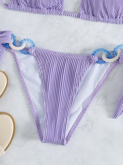 Triangle Tie-Side Solid Color Decoration Bikini Swimwear