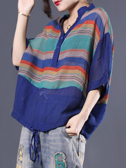 Office Loose V-neck Striped Blouse