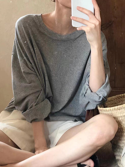 Long Sleeves Loose Solid Color Round-Neck T-Shirts Tops