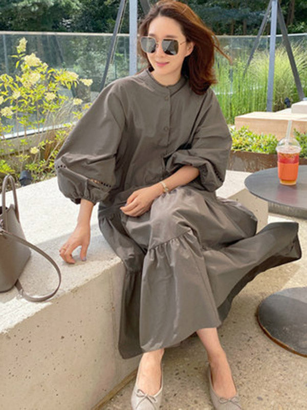 Casual Solid Color Pleated Buttoned Stand Collar Hollow Puff Sleeves Midi Dress