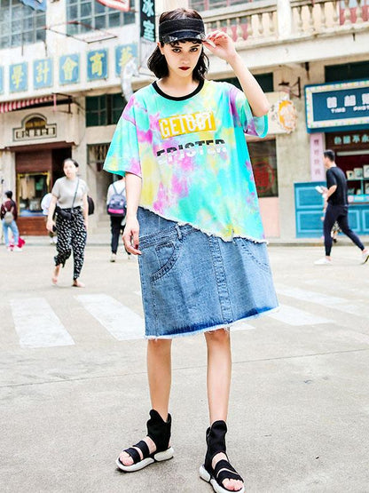 Loose Denim Fringed Split-joint Printed T-Shirt Dress