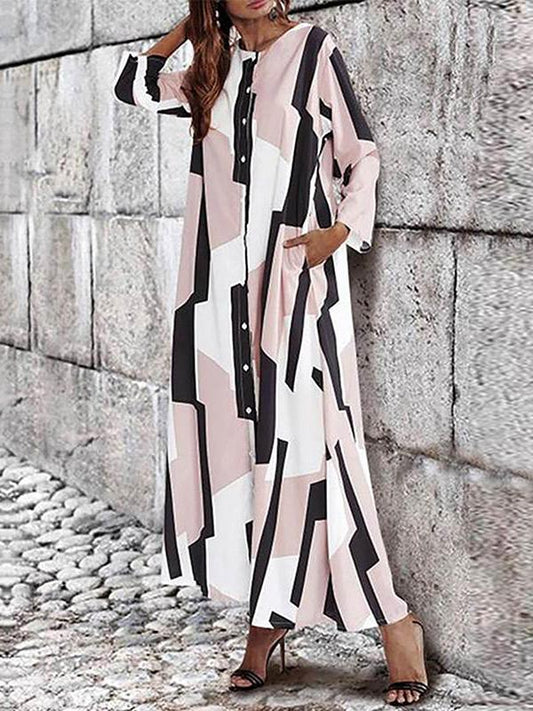 Loose Round-neck Contrast Color Maxi Dresses