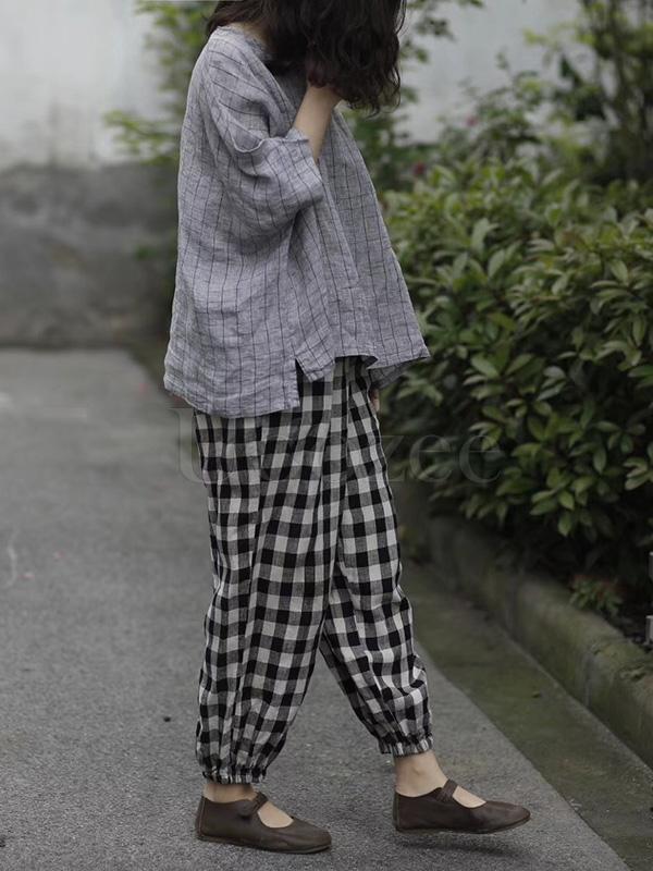 Retro Linen Plaid Casual Harem Pants