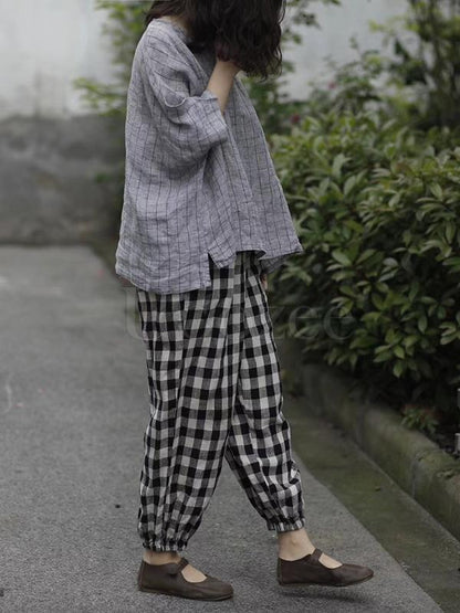 Retro Linen Plaid Casual Harem Pants