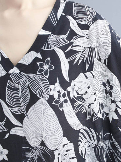 Loose Floral Printed V-Neck Half Sleeves Maxi Dress