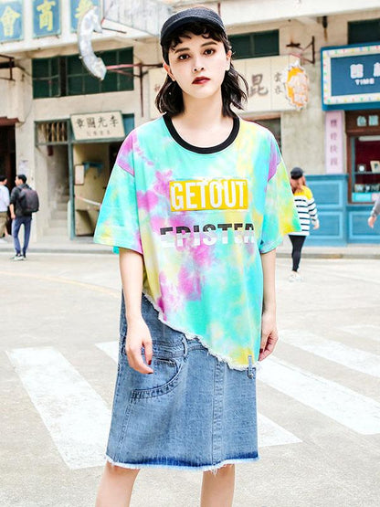 Loose Denim Fringed Split-joint Printed T-Shirt Dress