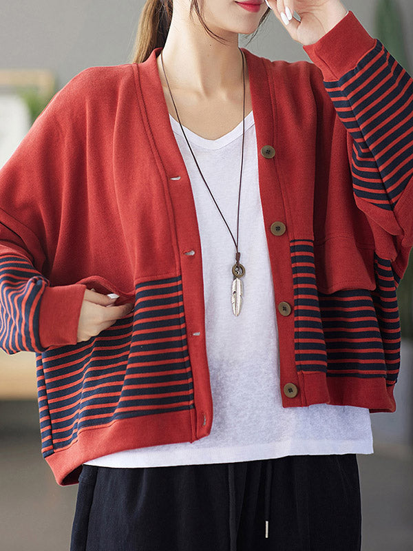 Casual Striped Buttoned V-Neck Batwing Sleeve Outerwear