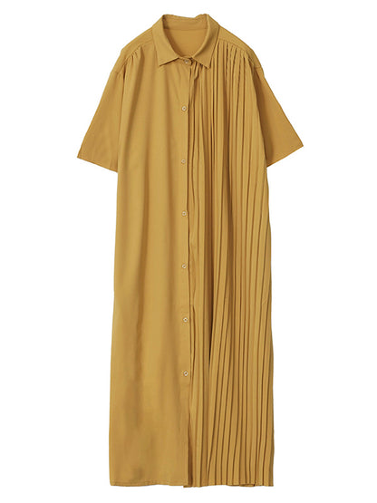 Stylish Split-Joint Pleated Belted Lapel A-Line Short Sleeves Midi Dress