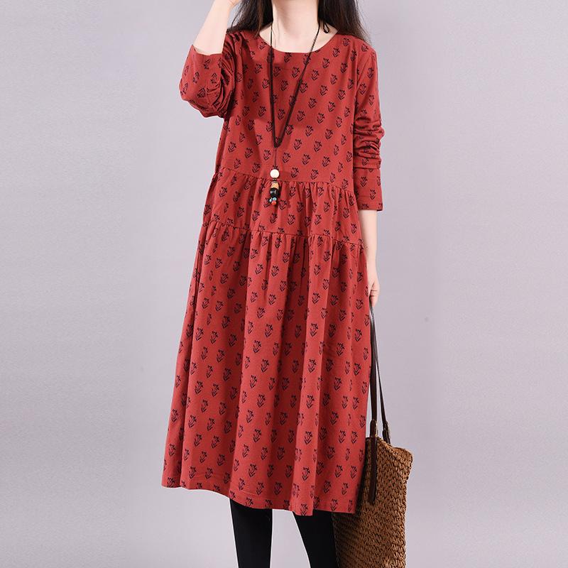 Buykud Casual Plant Printed O-Neck Pullover A-Line Dress