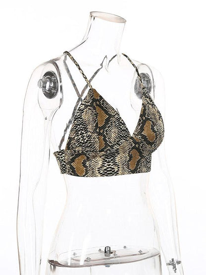 Snakeskin V-neck Backless Spaghetti-neck Sports Bra